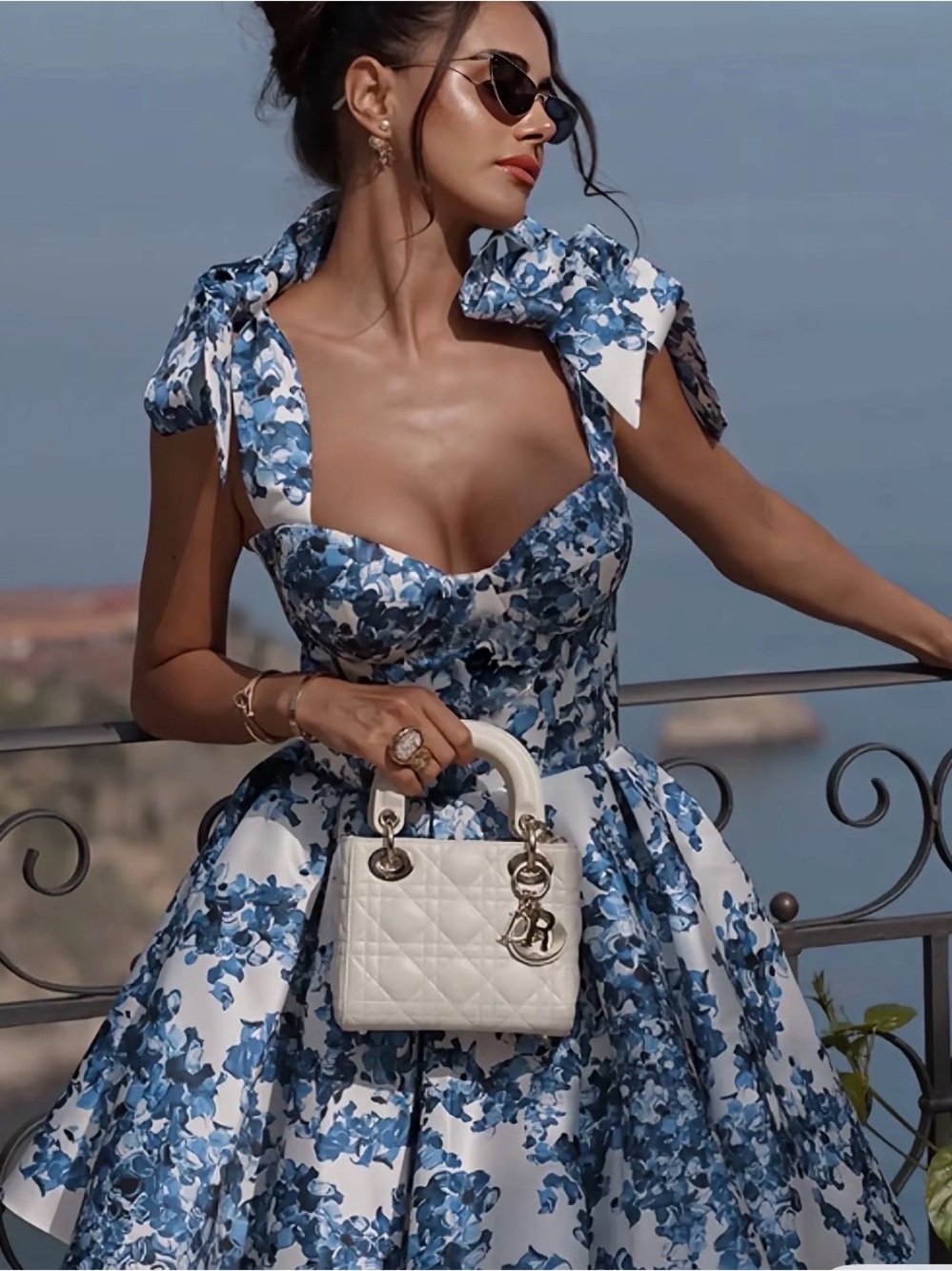 Blue and White Floral Halter Fit-and-Flare Dress